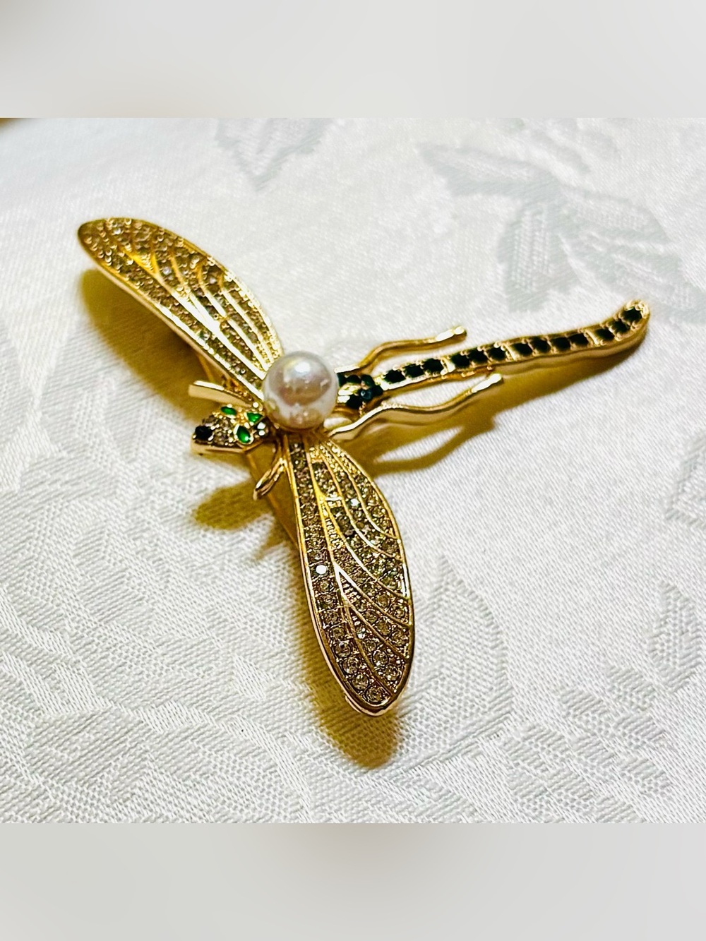 Gold Dragonfly Brooch with Pearl and Black Rhinestones